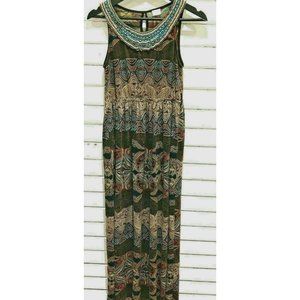 Suzy 3d embellished beaded boho maxi  tribal long dress brown Size Medium
